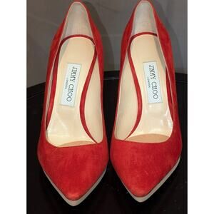 Jimmy Choo Romy 100 Red Suede Pointed Toe Pumps EU 39 Stiletto 4" Heels